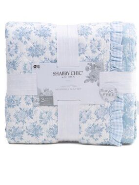 Shabby Chic Light Blue Floral Reversible Quilt Set with Gingham Ruffle